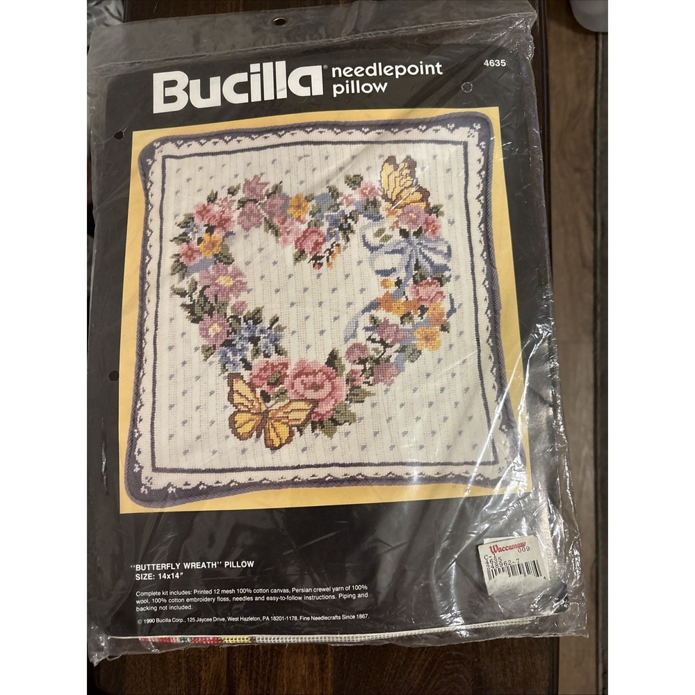 Bucilla Butterfly Wreath Pillow Heart Floral 14" Square Needlepoint Kit 4635 Vtg